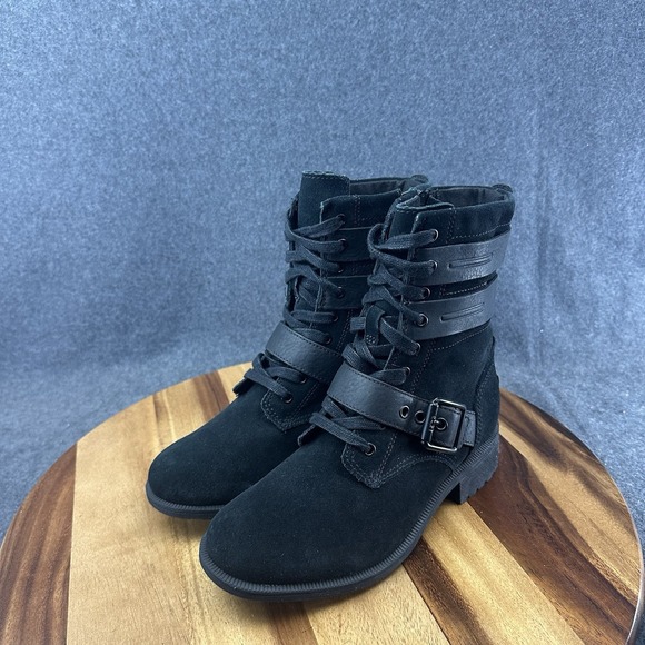 UGG Zia Black Suede Shearling Buckle Strap Waterproof Combat Boots Womens Sz 6.5 - Picture 5 of 10